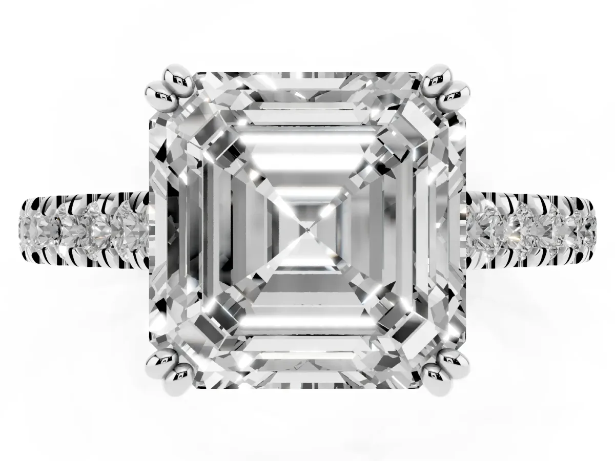 Asscher Cut Solitaire Pave Diamond Engagement Ring with Prong Setting Silver