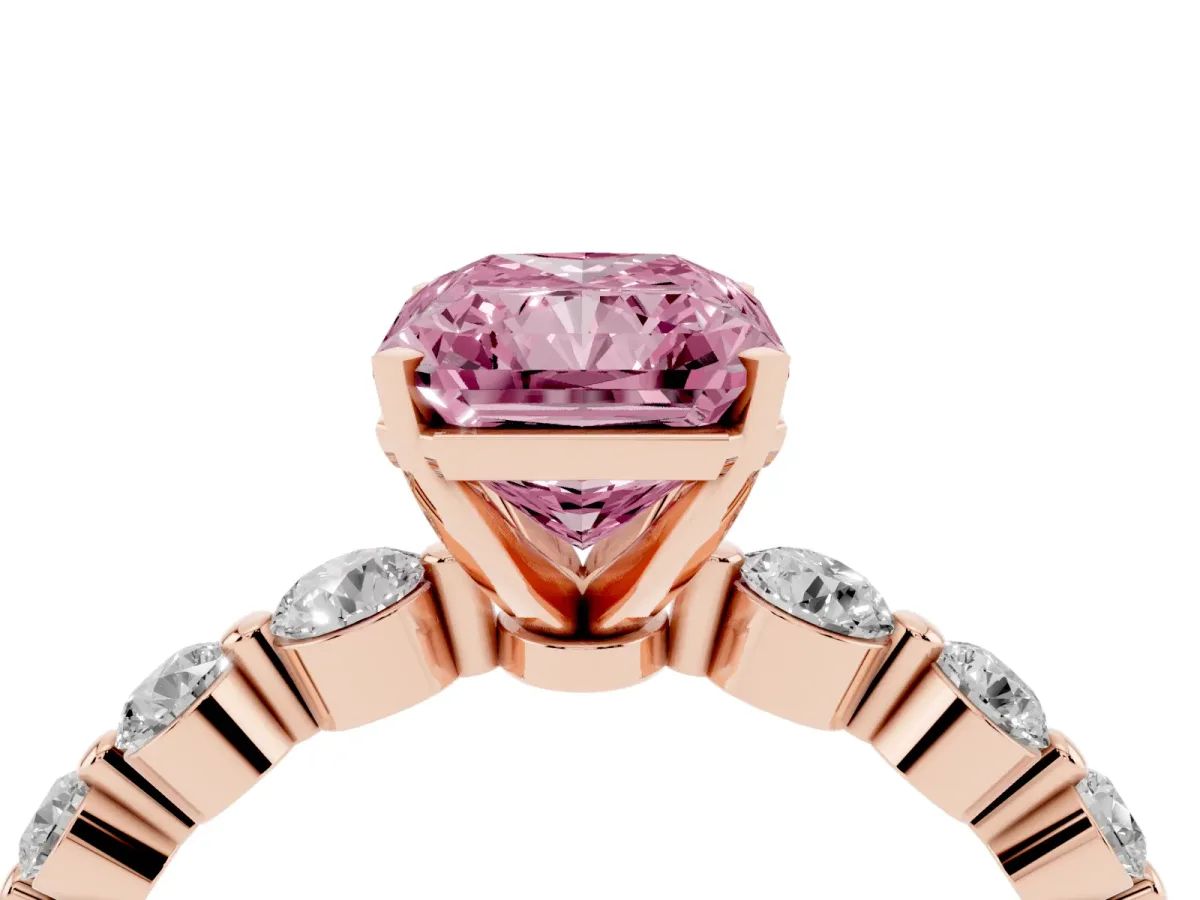 Fancy Pink Radiant Cut Solitaire Diamond Ring with Pave Band and Four-Prong Setting Rose gold