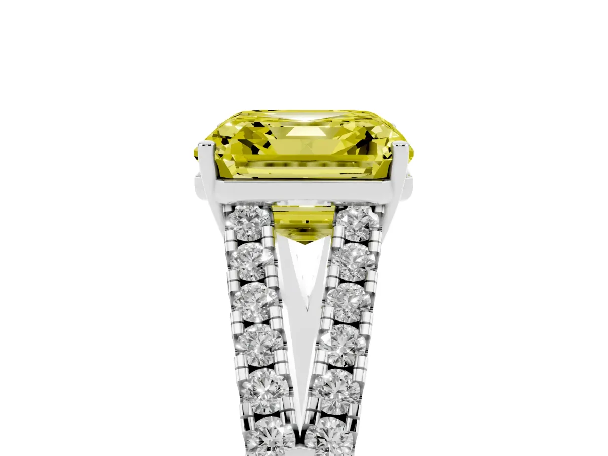Fancy Yellow Asscher Cut Diamond Split Shank Engagement Ring with Round Pavé and Prong Setting Silver