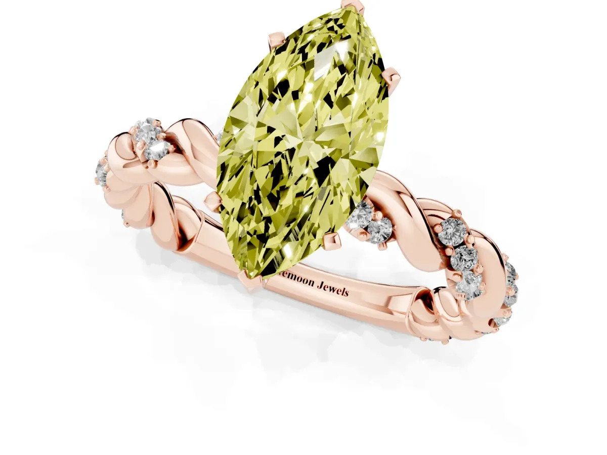 Fancy Yellow Marquise Cut Diamond Solitaire Ring with Twisted Band and Pavé Accents Rose gold