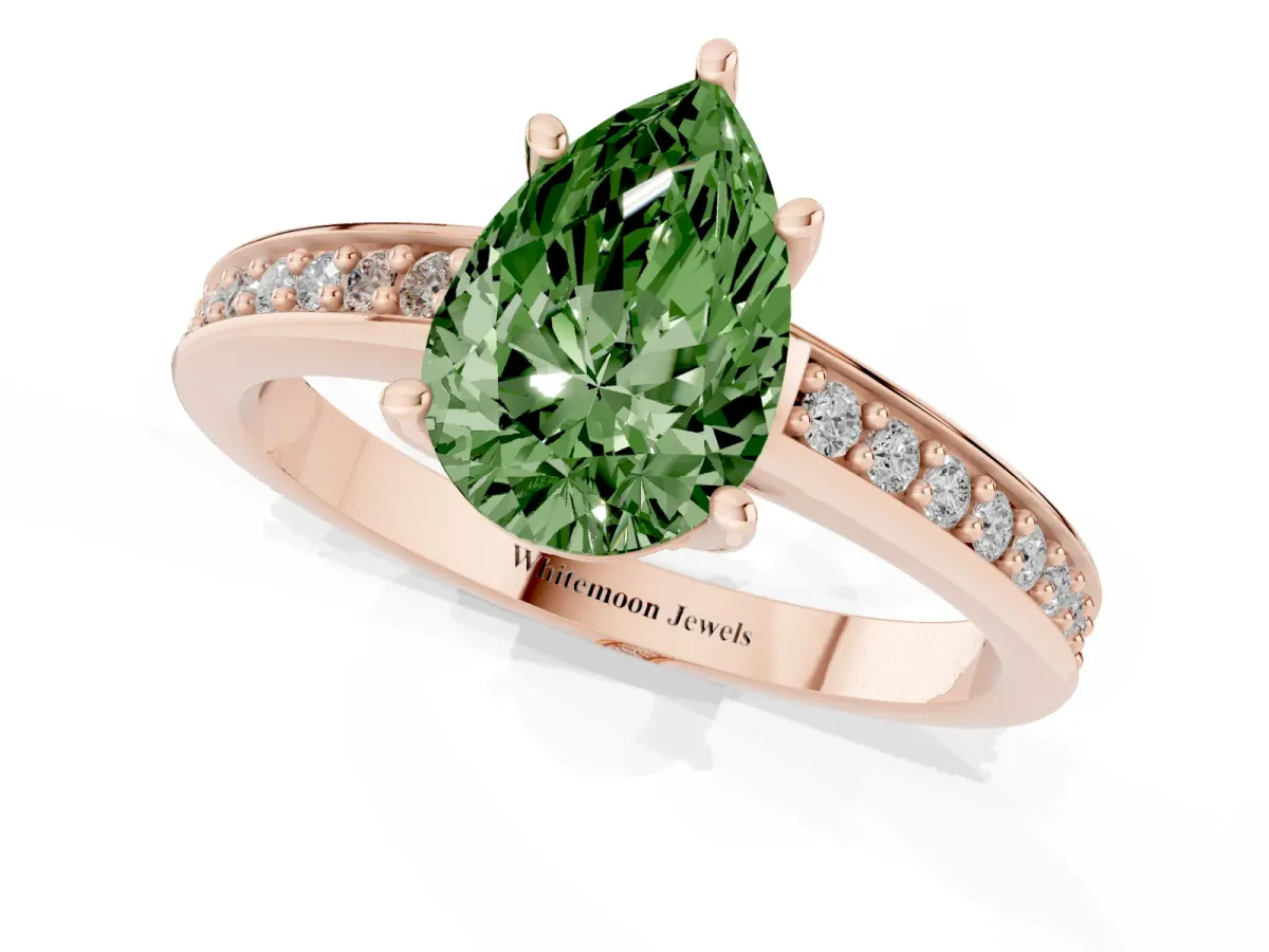 Fancy Green Pear Cut Solitaire Pavé Band Prong Setting Ring Rose gold