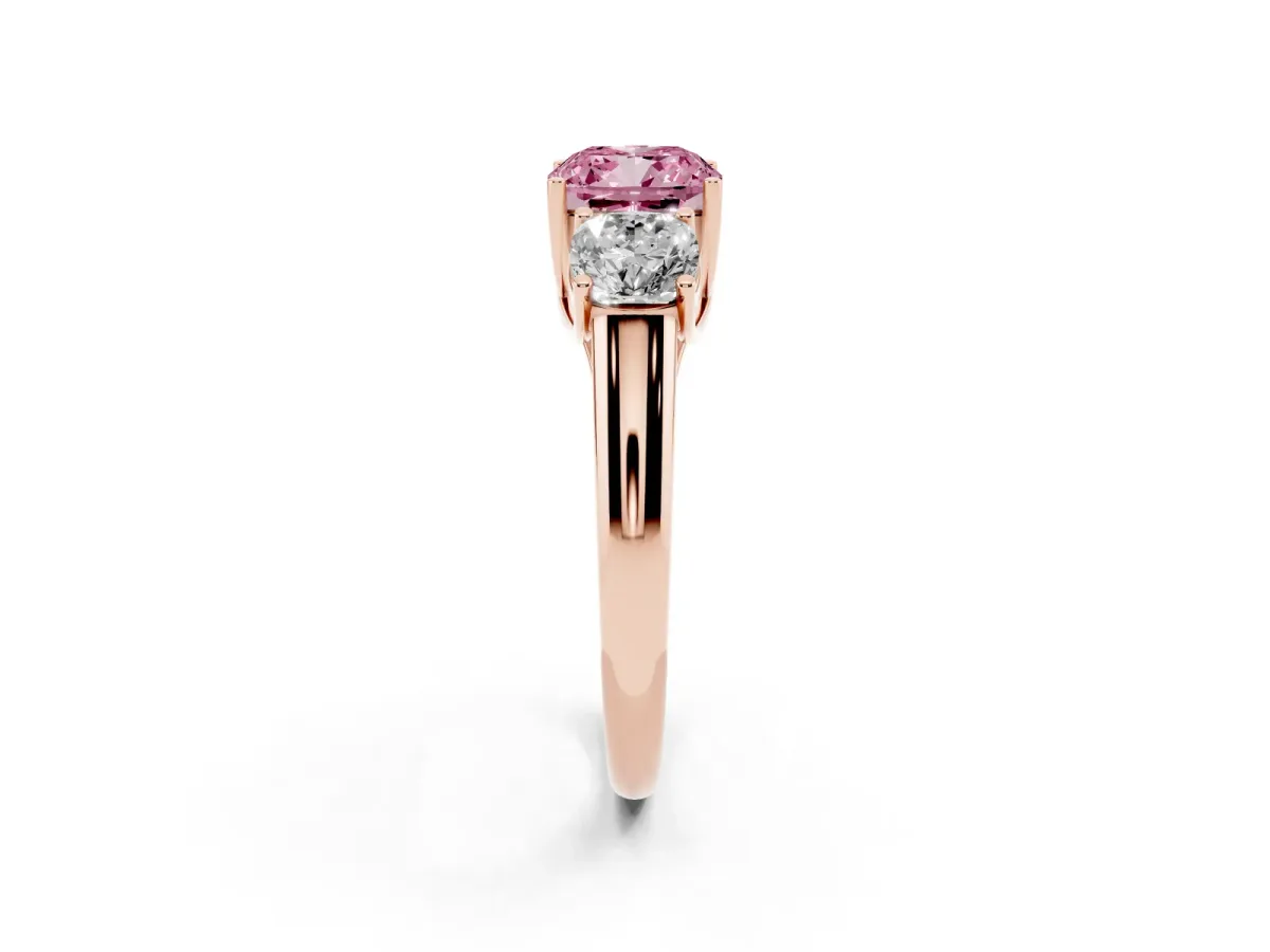 Fancy Pink Three-Stone Cushion Cut Diamond Engagement Ring with Prong Setting Rose gold