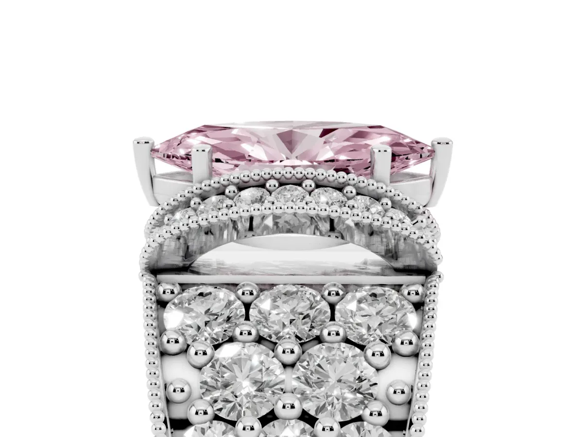 Fancy Pink Marquise Cut Halo Pave Diamond Engagement Ring with Milgrain Detailing Silver