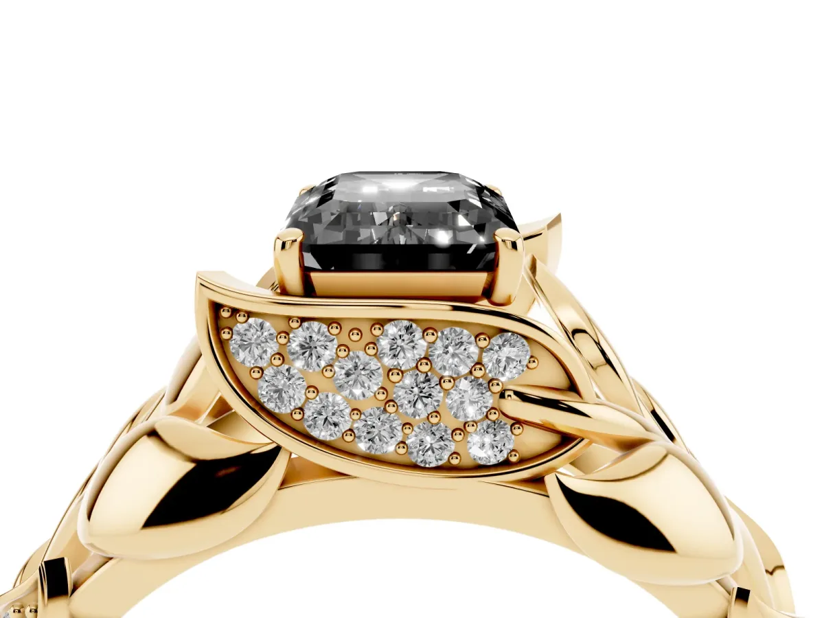Fancy Black Emerald Cut Diamond Leaf-Inspired Engagement Ring with Round Accents and Prong Setting Yellow gold