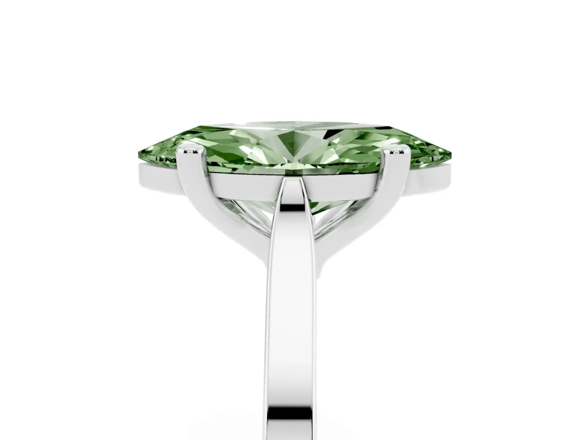 Fancy Green Marquise Cut Solitaire Diamond Ring with Four-Prong Setting and Tapered Band Platinum