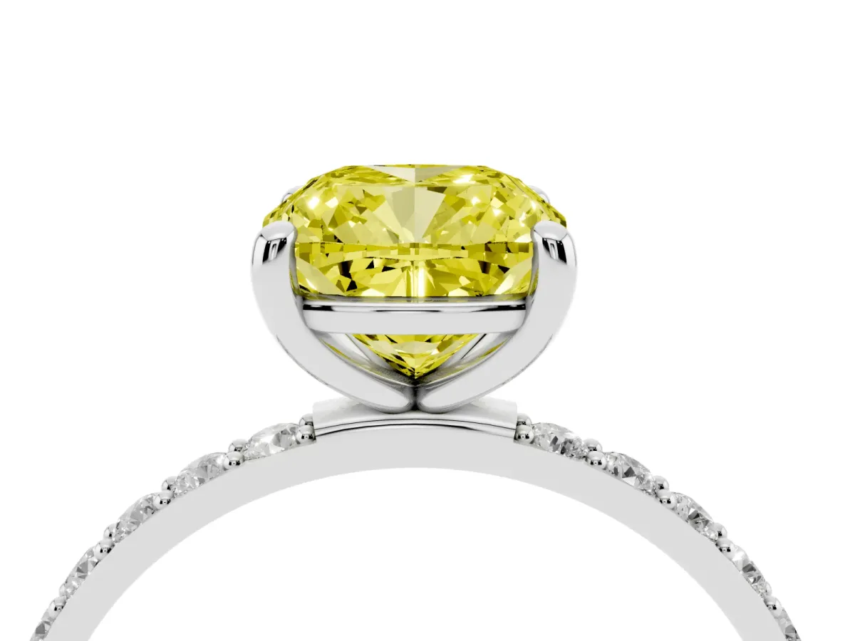 Fancy Yellow Cushion Cut Diamond Solitaire Ring with Round Pavé Band and Prong Setting Silver