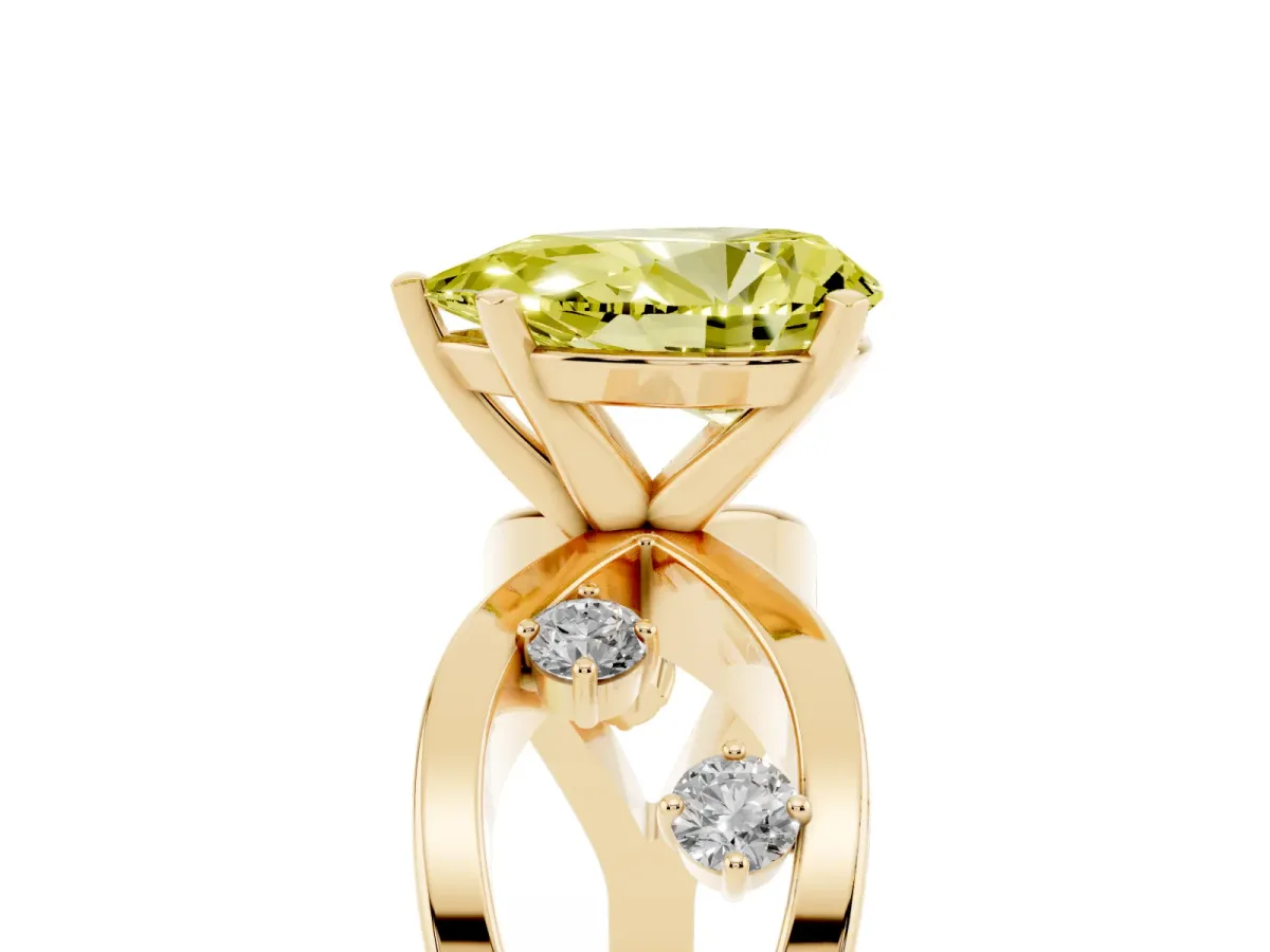 Fancy Yellow Pear Cut Cut Solitaire Diamond with Side Stones on Criss-Cross Band and Four-Prong Setting Yellow gold