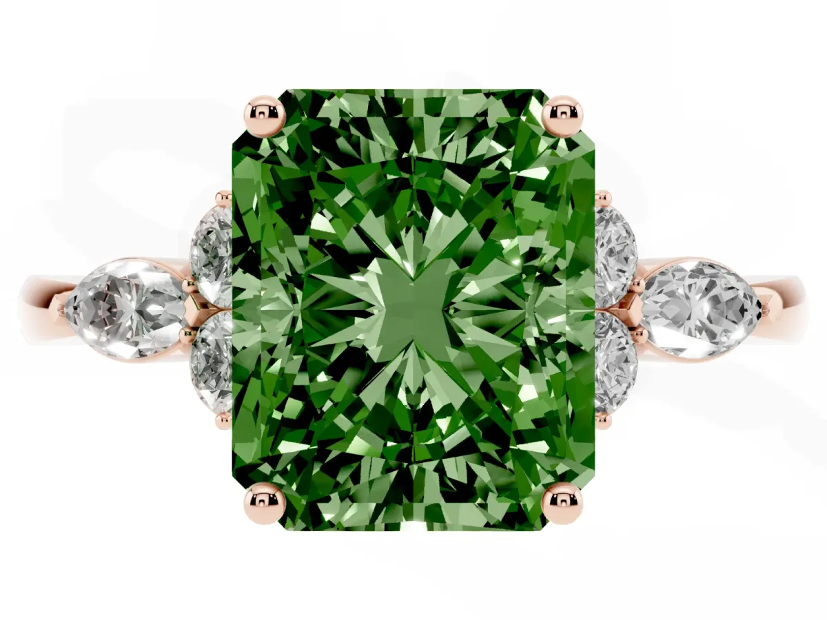 Fancy Green Radiant Cut Brilliant Diamond Solitaire Ring with Pear Side Stones and Four-Prong Setting Rose gold