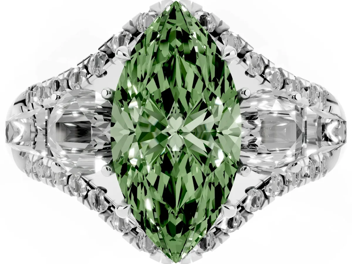 Fancy Green Three-Stone Marquise Cut Diamond Engagement Ring with Pave Band and Prong Setting Silver