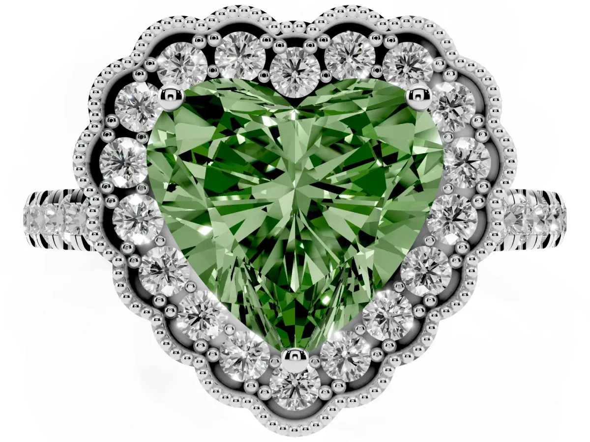 Fancy Green Heart Cut Cut Diamond Milgrain Floral Halo Engagement Ring with Pavé Band White gold