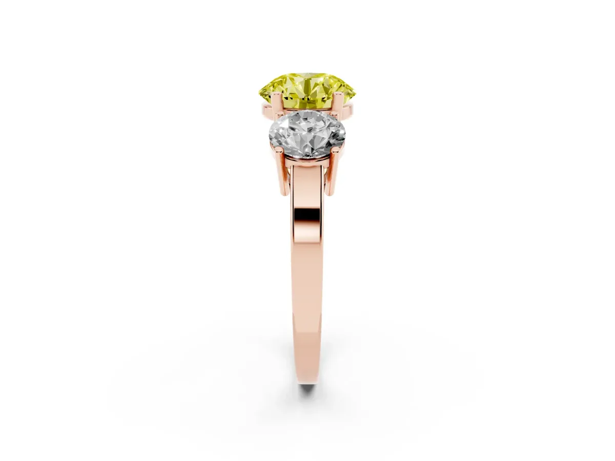 Fancy Yellow Three-Stone Round Cut Cut Diamond Engagement Ring with Flat Band and Four-Prong Setting Rose gold