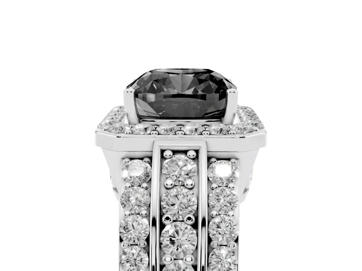 Fancy Black Cushion Cut Halo Diamond Ring with Round Split Shank and Prong Setting Platinum
