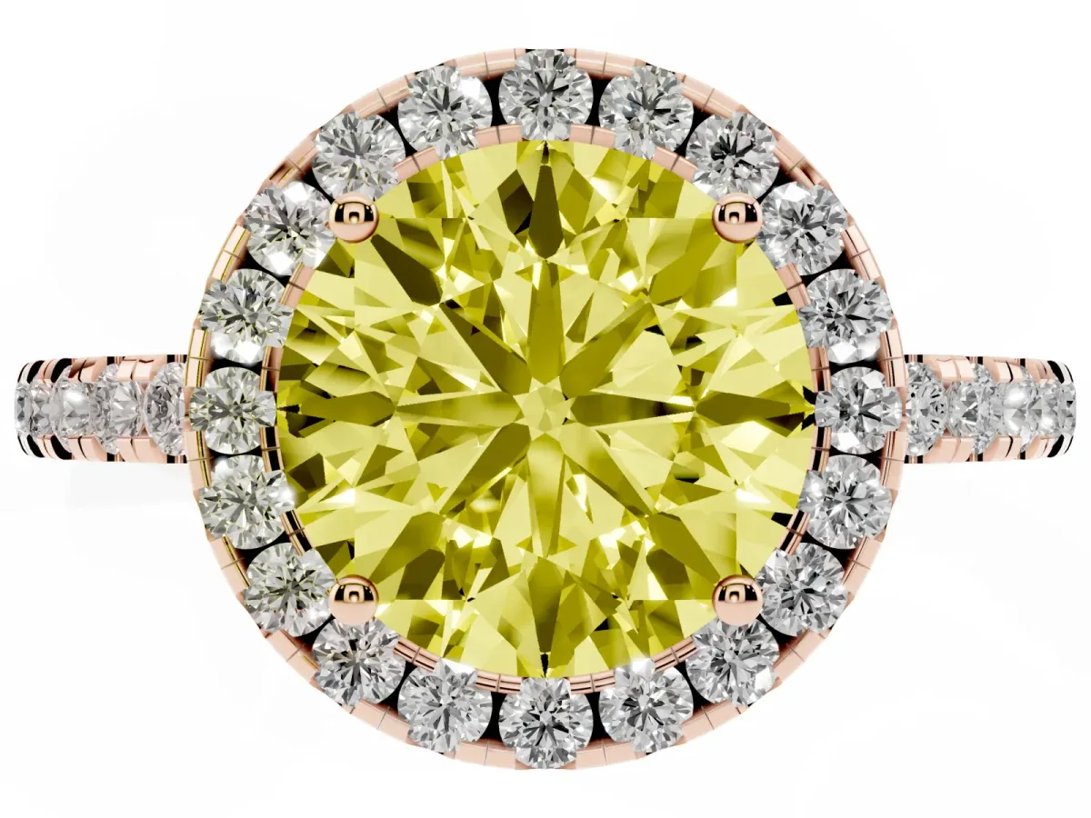 Fancy Yellow Round Cut Halo Diamond Engagement Ring with Pavé Band and Four-Prong Setting Rose gold