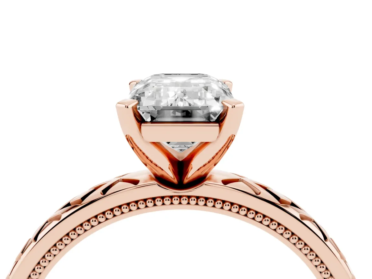 Emerald Cut Solitaire Diamond Ring with Milgrain and Black Enamel X Pattern Band Rose gold