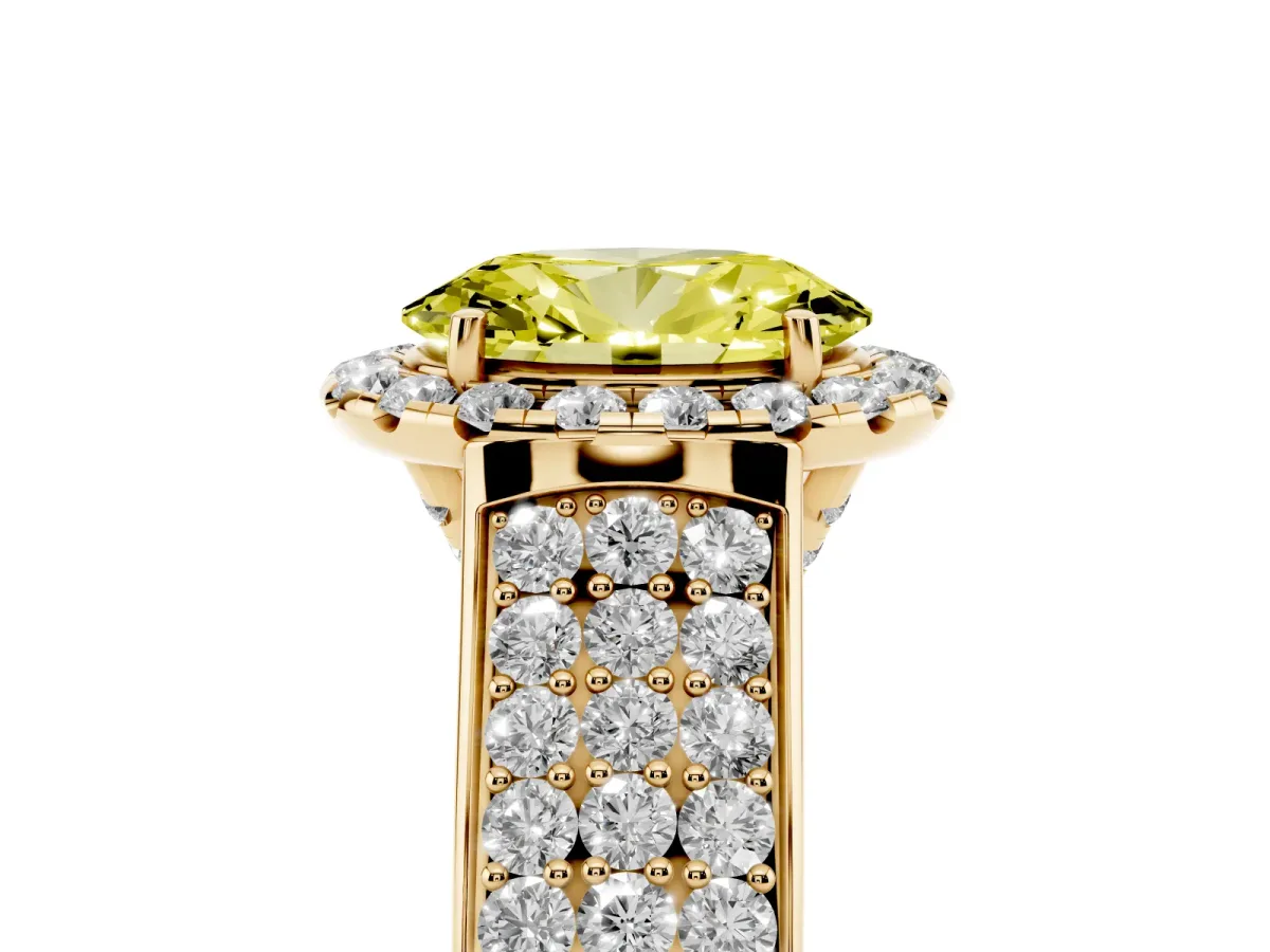 Fancy Yellow Oval Cut Halo Round Diamond Pave Band with Prong Setting Yellow gold