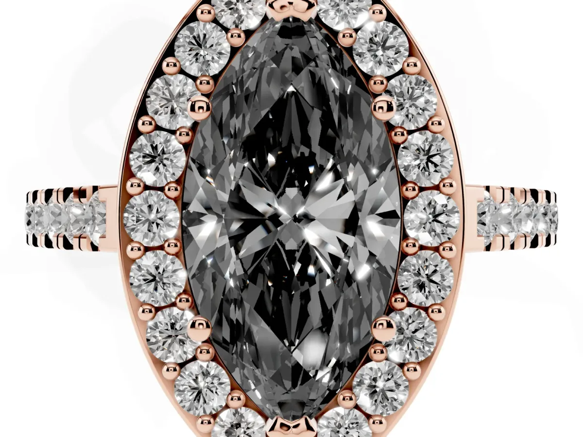 Fancy Black Marquise Cut Diamond Halo Ring with Round Pavé Split Shank and Prong Setting Rose gold