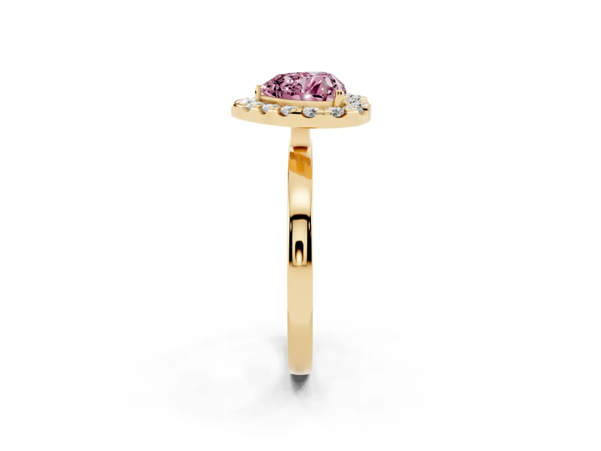 Fancy Pink Heart Cut Halo Diamond Solitaire with Pavé Band and Four-Prong Setting Yellow gold