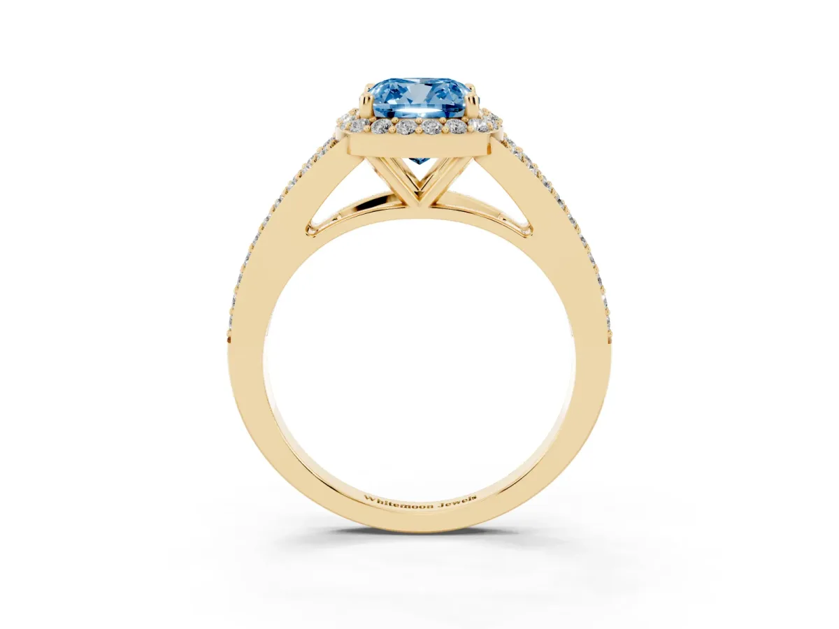 Fancy Blue Cushion Cut Halo Split Shank Diamond Ring with Prong Setting Yellow gold