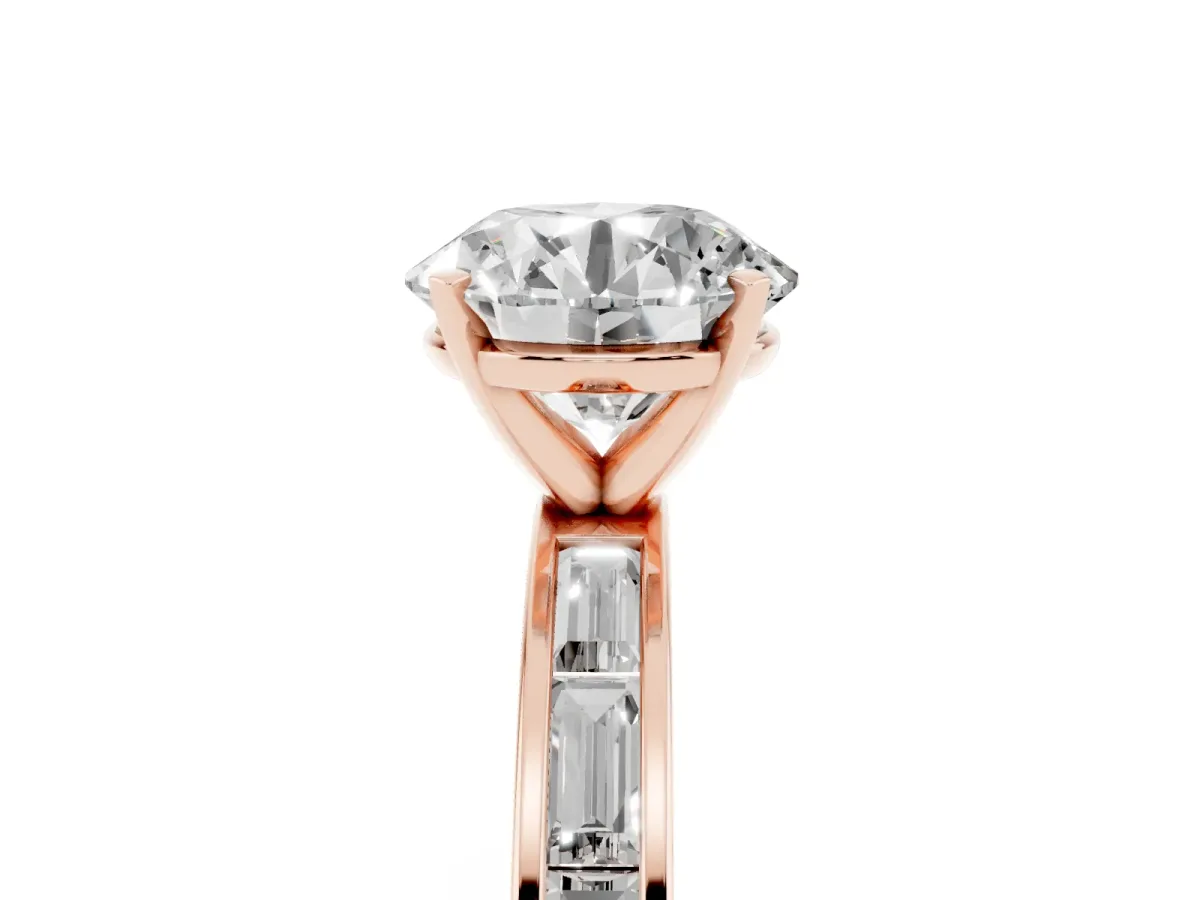 Round Cut Solitaire Diamond Ring with Channel-Set Baguette Band and Four-Prong Setting Rose gold