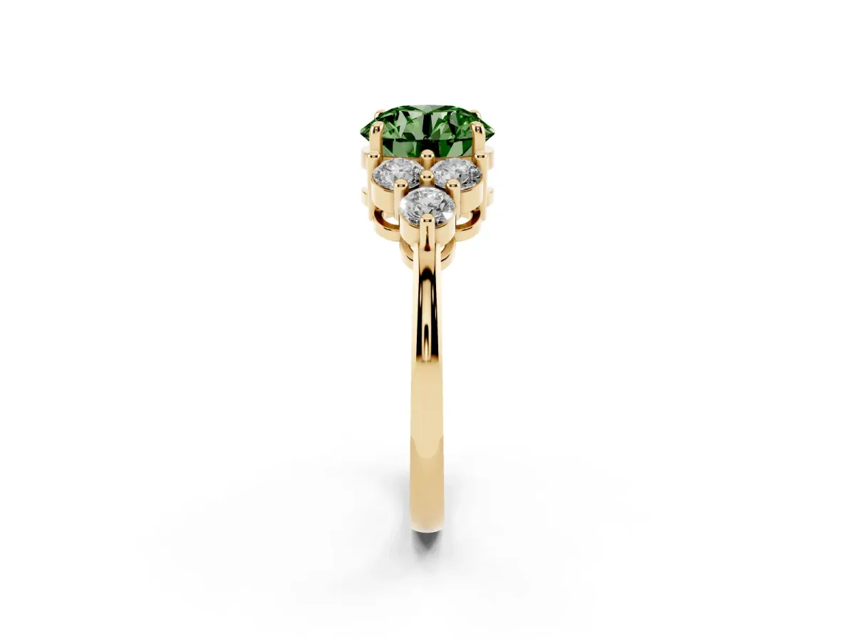Fancy Green Round Cut Brilliant Diamond Cluster Accent Solitaire Ring with Prong Setting Yellow gold