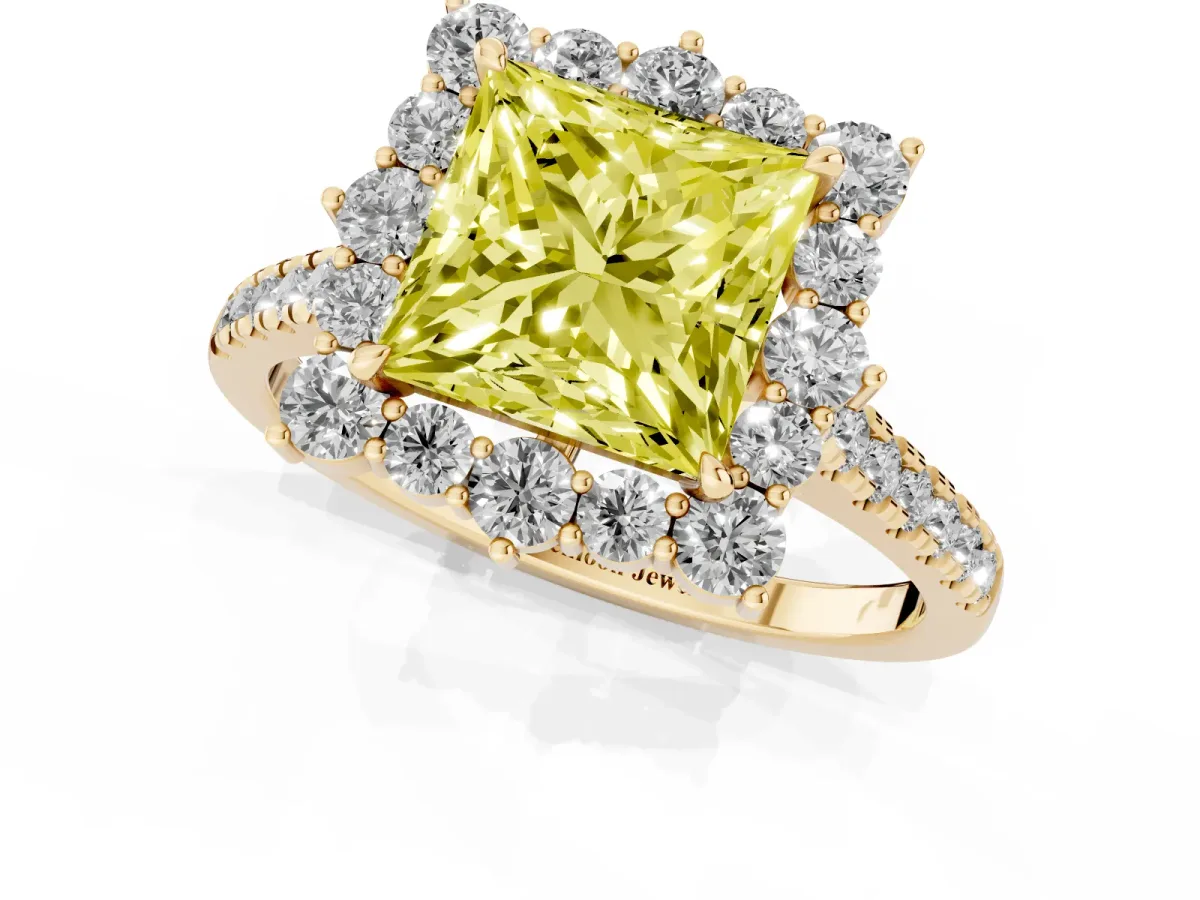 Fancy Yellow Princess Cut Halo Diamond Ring with Pavé Band and Prong Setting Yellow gold