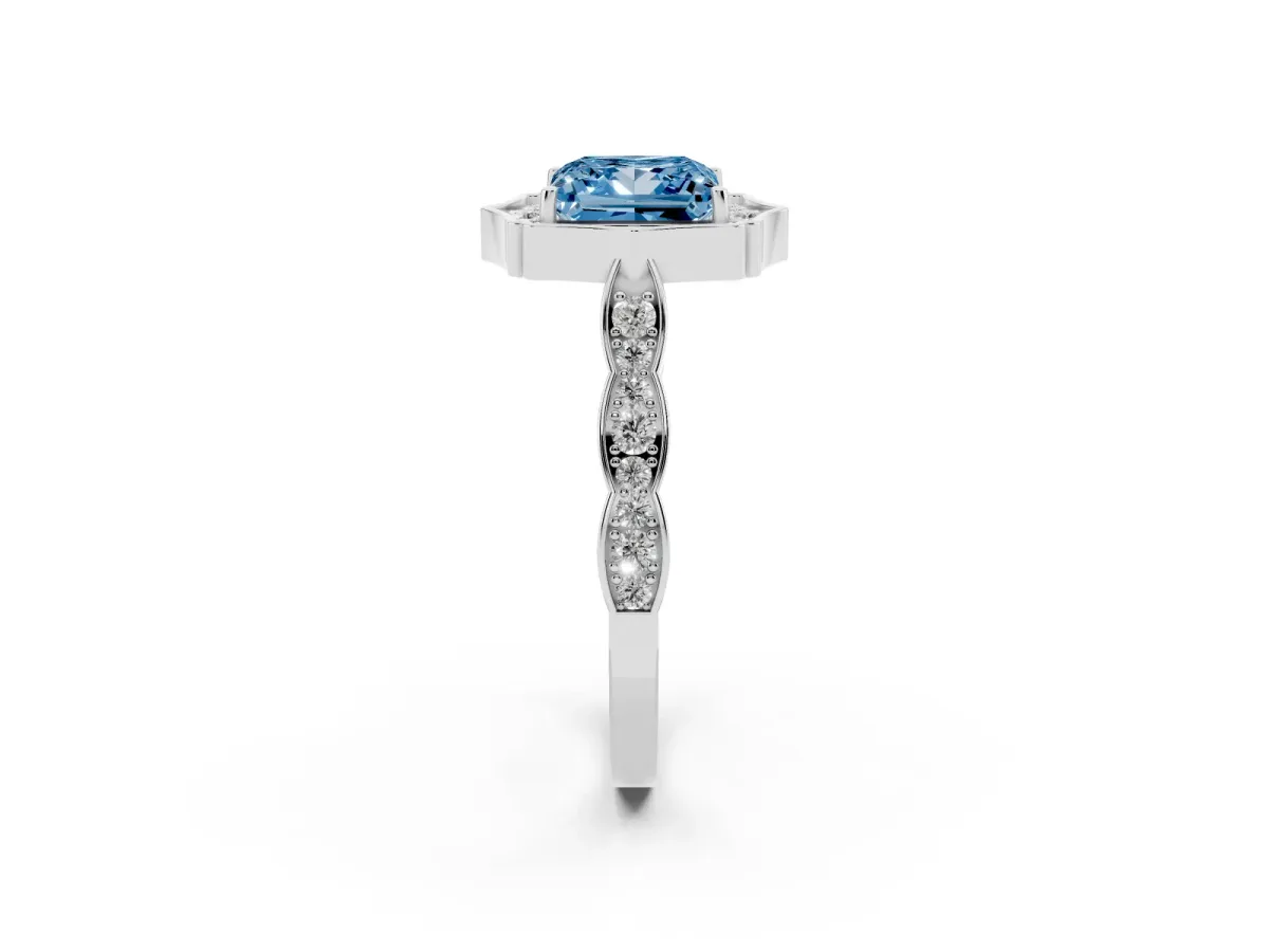 Fancy Blue Princess Cut Halo Diamond Engagement Ring with Milgrain Band and Four-Prong Setting Platinum