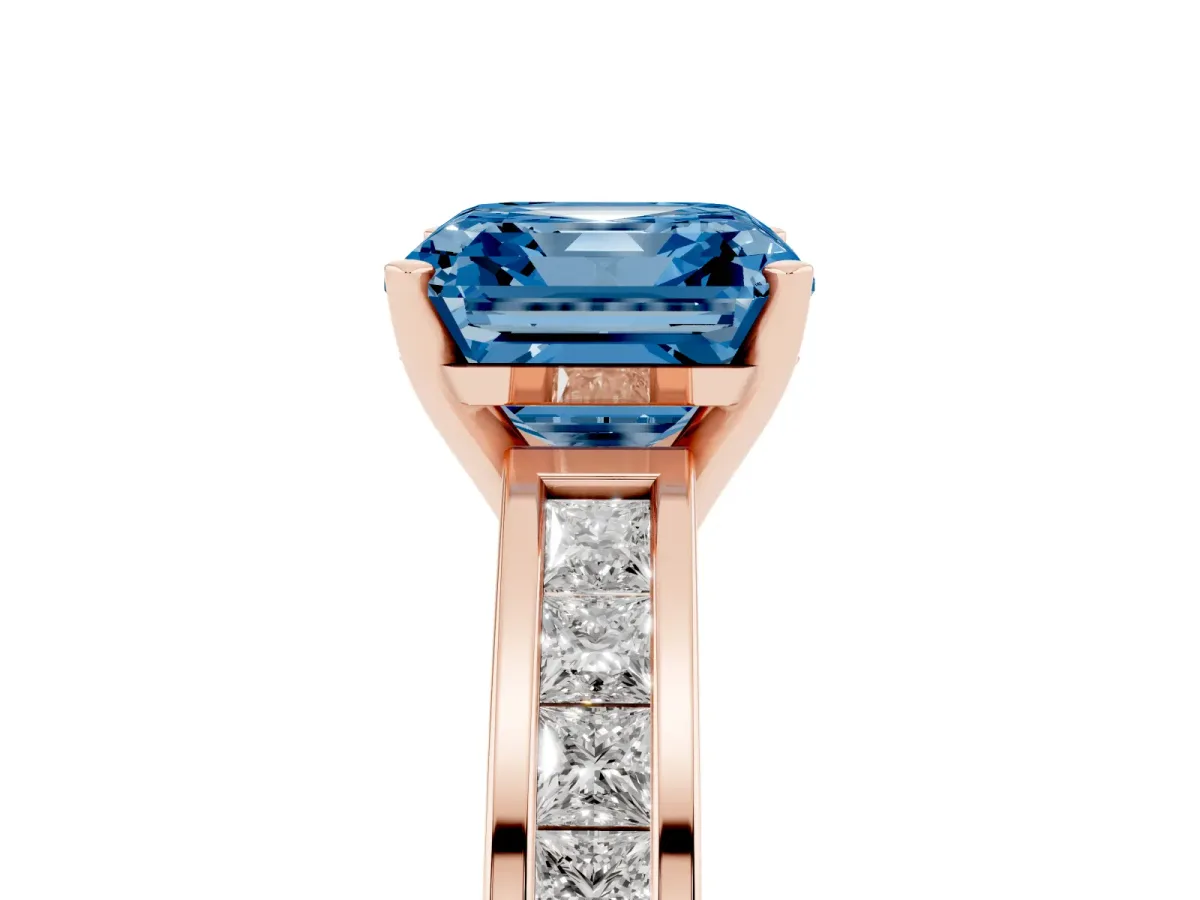 Fancy Blue Asscher Cut Solitaire Diamond Ring with Channel-Set Band and Four-Prong Setting Rose gold