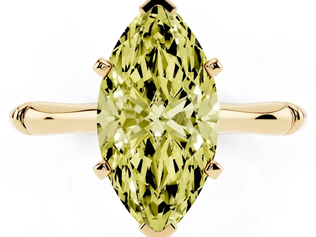 Fancy Yellow Marquise Cut Solitaire Diamond Ring with Bamboo Band and Four-Prong Setting Yellow gold