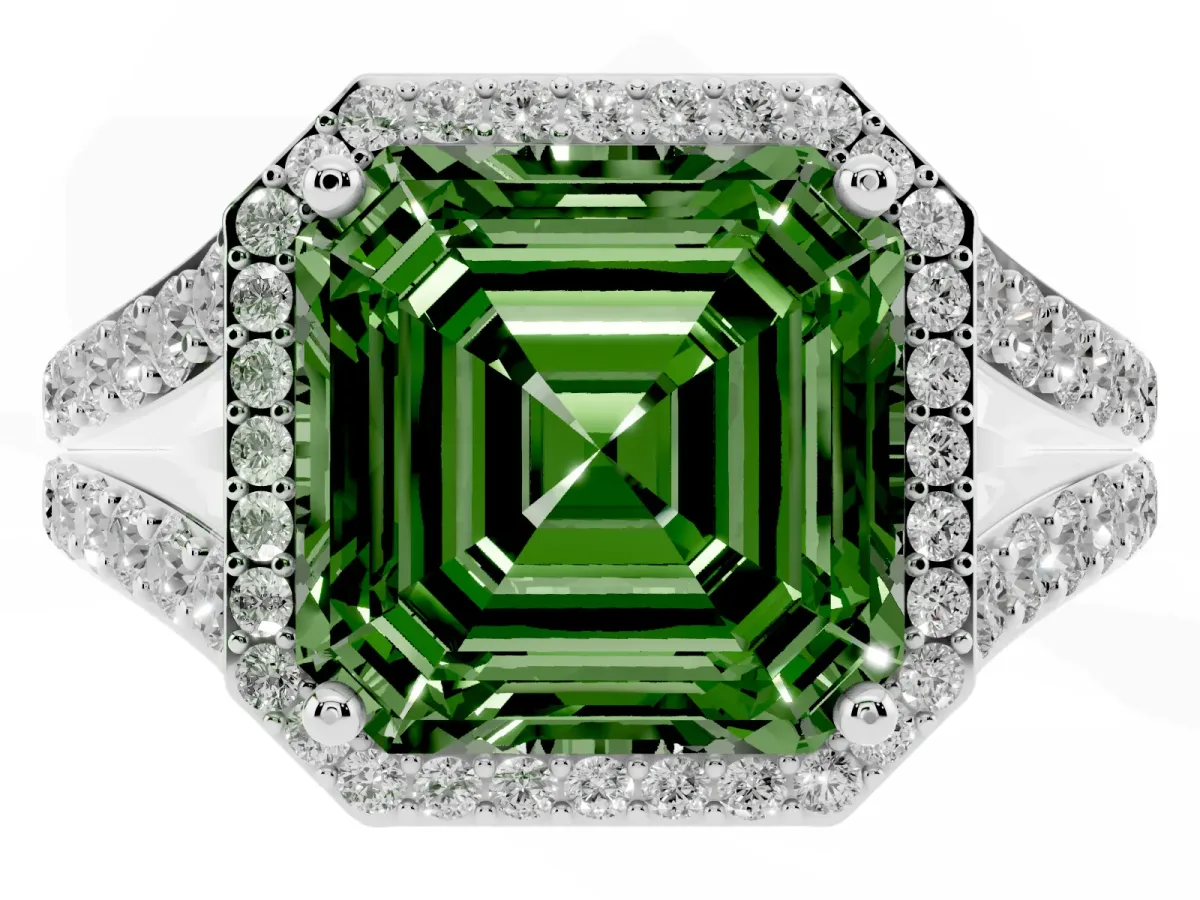 Fancy Green Asscher Cut Diamond Split Shank Halo Ring with Four-Prong Setting Platinum
