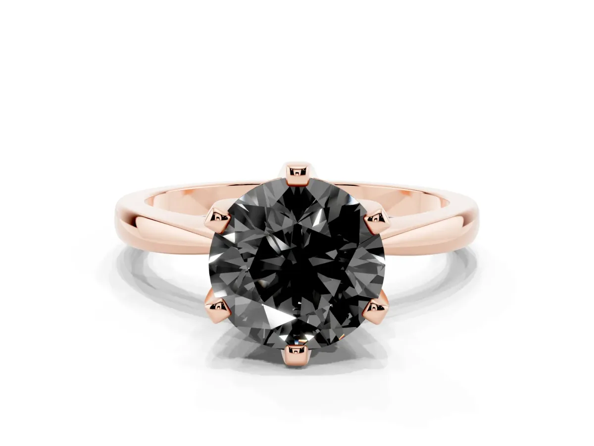 Fancy Black Round Cut Solitaire Engagement Ring with Six-Prong Setting and Tapered Band Rose gold