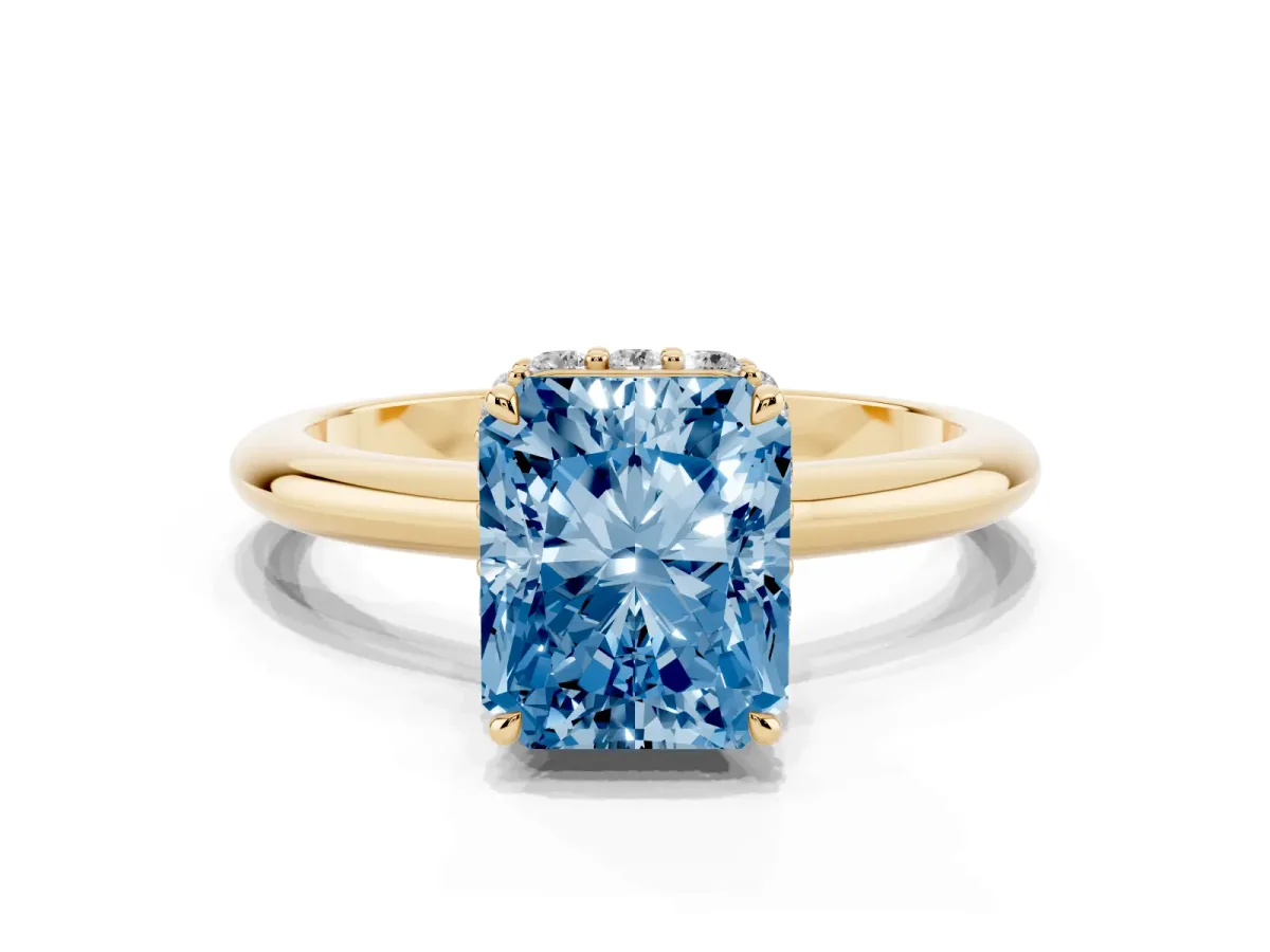 Fancy Blue Radiant Cut Brilliant Solitaire Engagement Ring with Six-Prong Setting and Classic Band Yellow gold