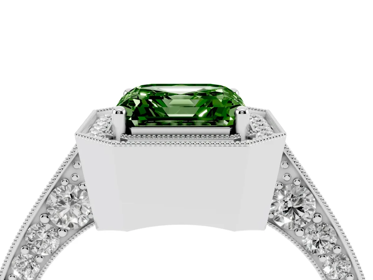 Fancy Green Asscher Cut Halo Diamond Engagement Ring with Split Shank Band and Four-Prong Setting Platinum