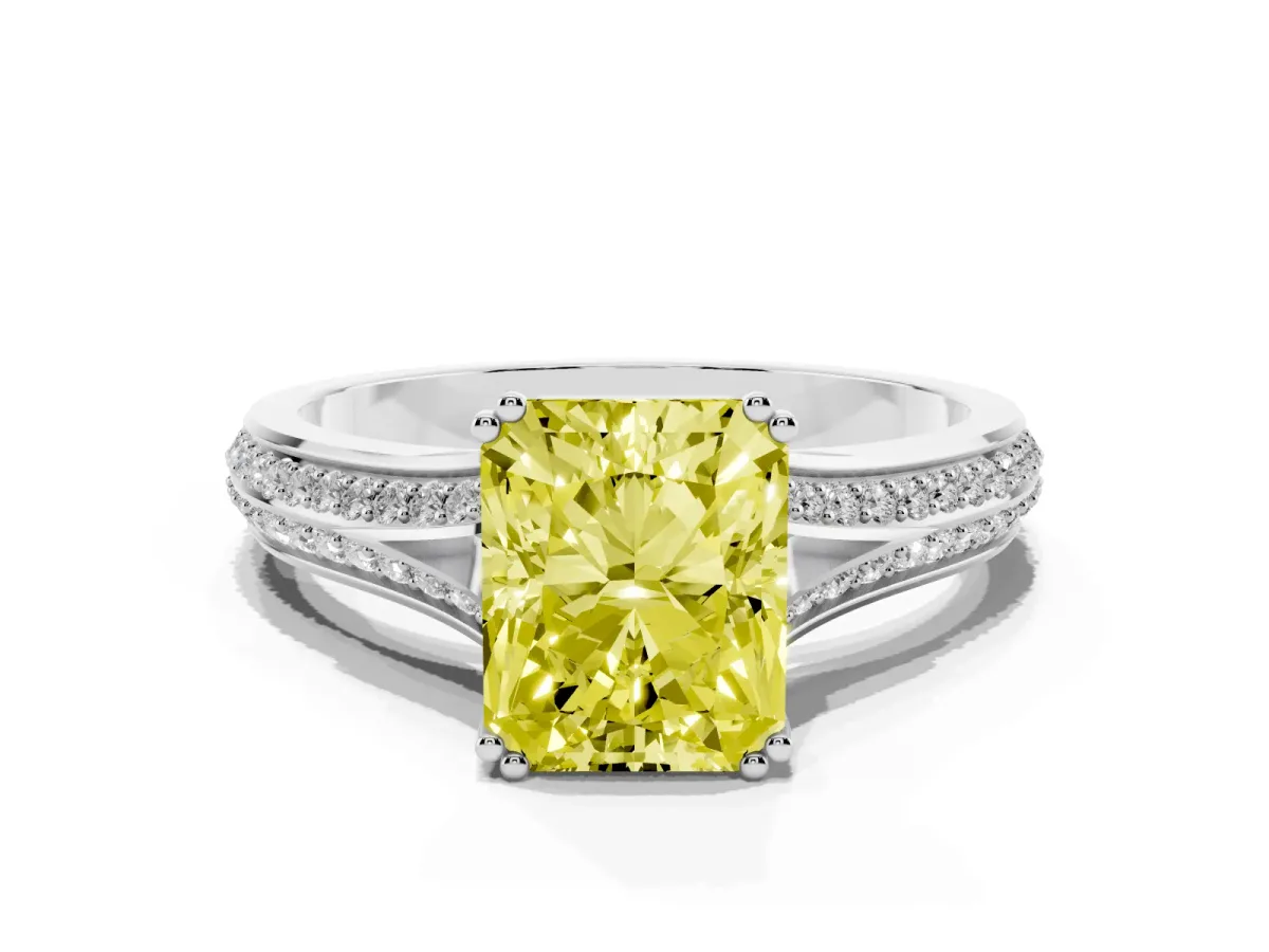 Fancy Yellow Radiant Cut Diamond Split Shank Engagement Ring with Pavé Band Platinum