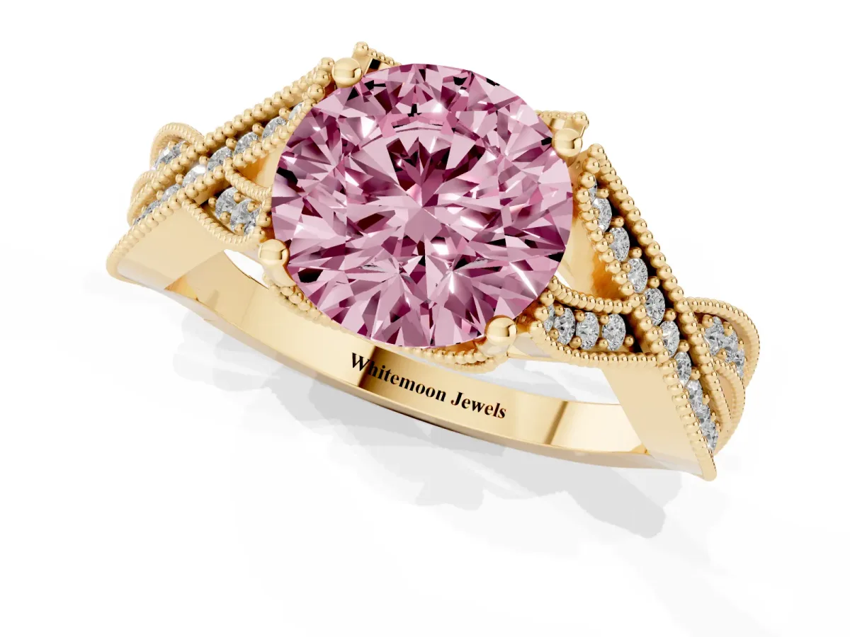 Fancy Pink Round Cut Cut Diamond Twisted Band with Milgrain Pave Setting and Four-Prong Setting Yellow gold