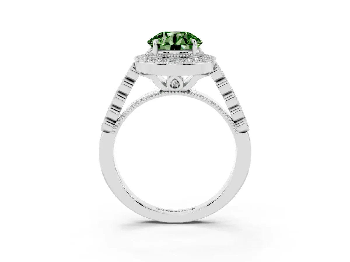 Fancy Green Round Cut Halo Milgrain Solitaire with Bezel Set Side Stones and Pave Band Platinum