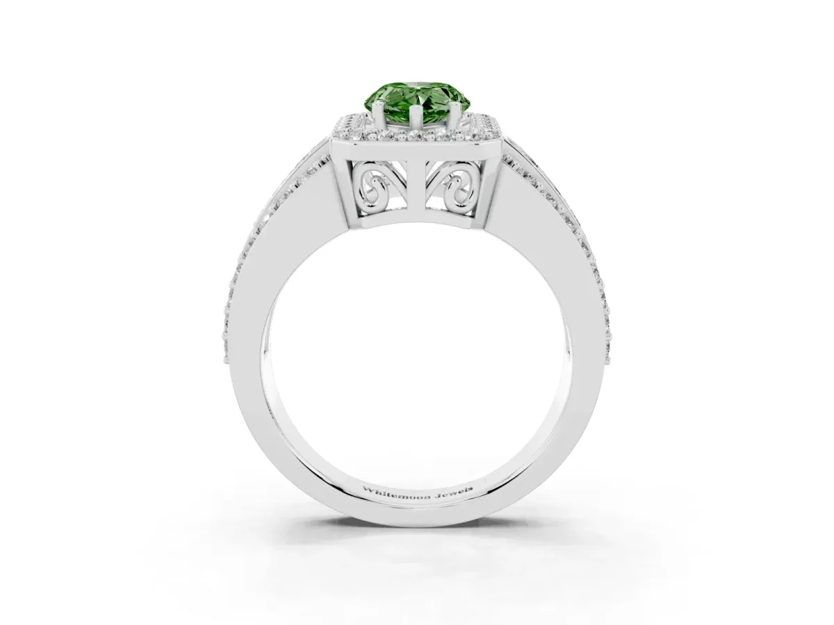 Fancy Green Pear Cut Halo Diamond Ring with Round Split Shank and Prong Setting Platinum