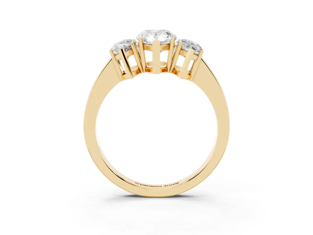 Three-Stone Pear Cut Cut Diamond Engagement Ring with Flat Band and Four-Prong Setting Yellow gold