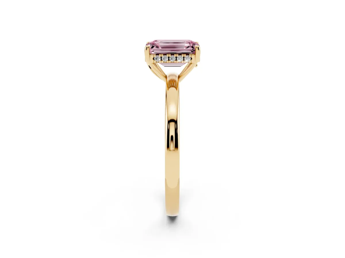 Fancy Pink Emerald Cut Solitaire Diamond Ring with Prong Setting and Plain Band Yellow gold
