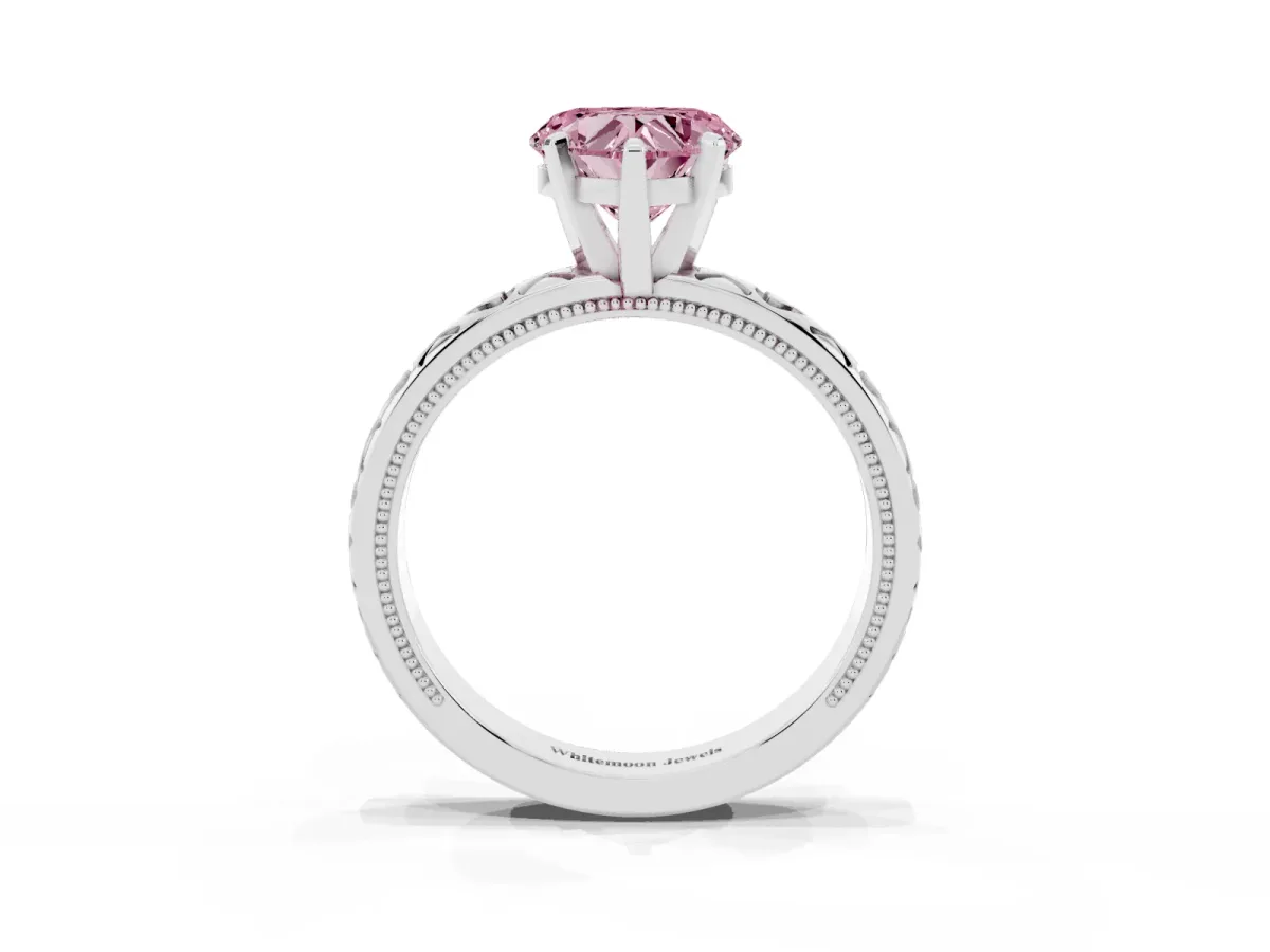 Fancy Pink Heart Cut Solitaire Diamond Engagement Ring with XO Engraved Band and Four-Prong Setting White gold