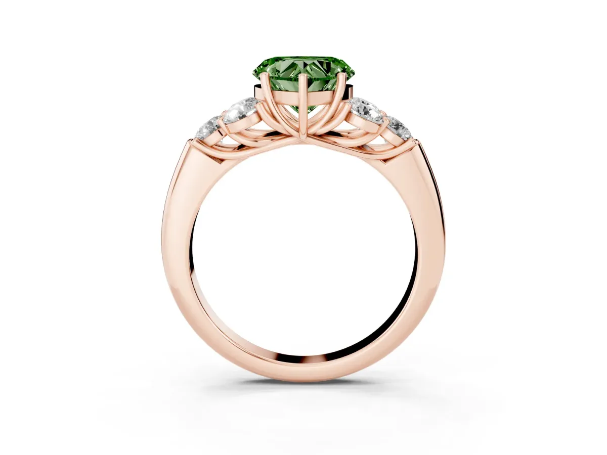 Fancy Green Heart Cut Cut Diamond Cluster Ring with Round Accent Stones and Prong Setting on a Classic Band Rose gold