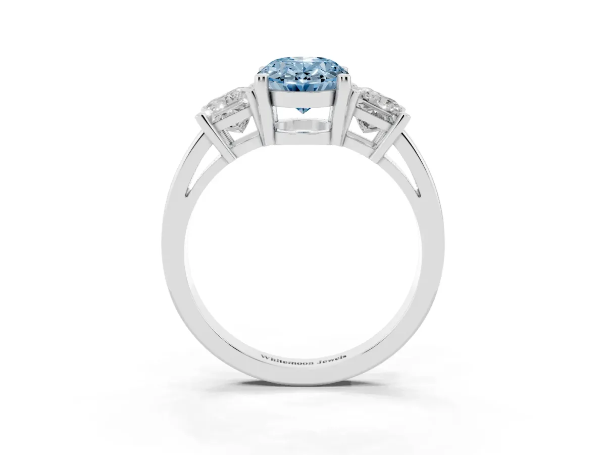Fancy Blue Three-Stone Oval Cut Cut Solitaire Ring with Prong Setting White gold