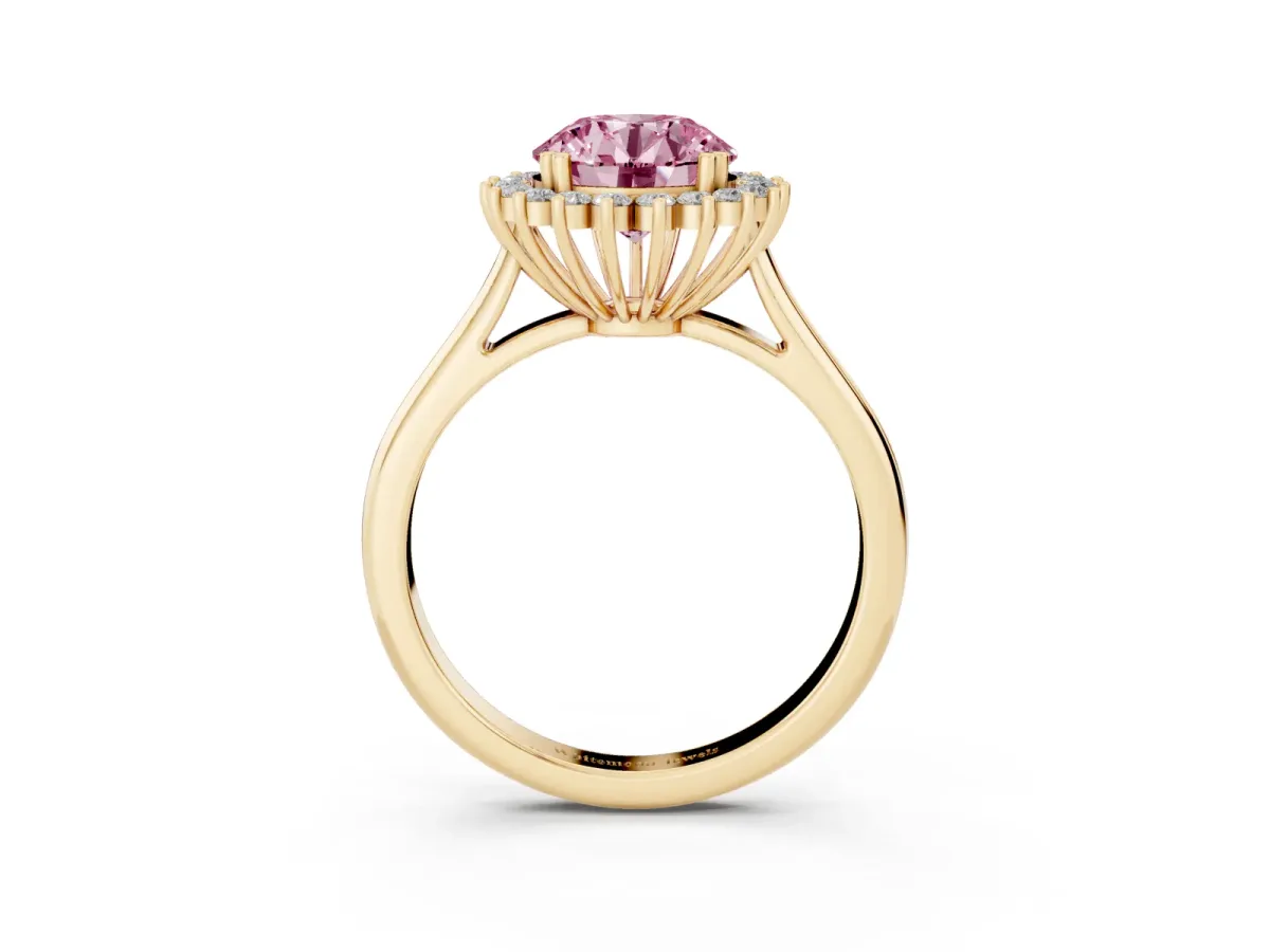 Fancy Pink Round Cut Cut Diamond Halo Ring with Solitaire Band and Prong Setting Yellow gold