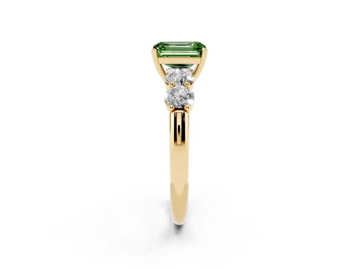 Fancy Green Emerald Cut Cut Five-Stone Prong Set Diamond Ring with Classic Band Yellow gold