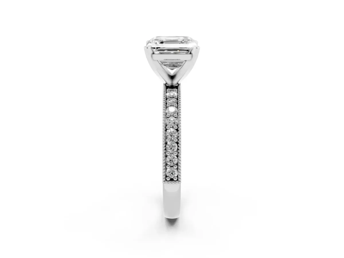 Asscher Cut Diamond Milgrain Pavé Engagement Ring with Four-Prong Setting Silver