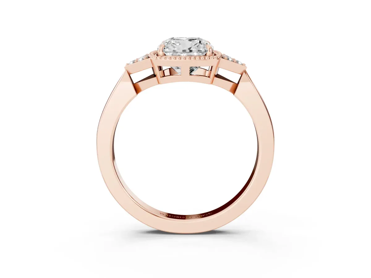 Cushion Cut Diamond Halo Ring with Tapered Band and Four-Prong Setting Rose gold