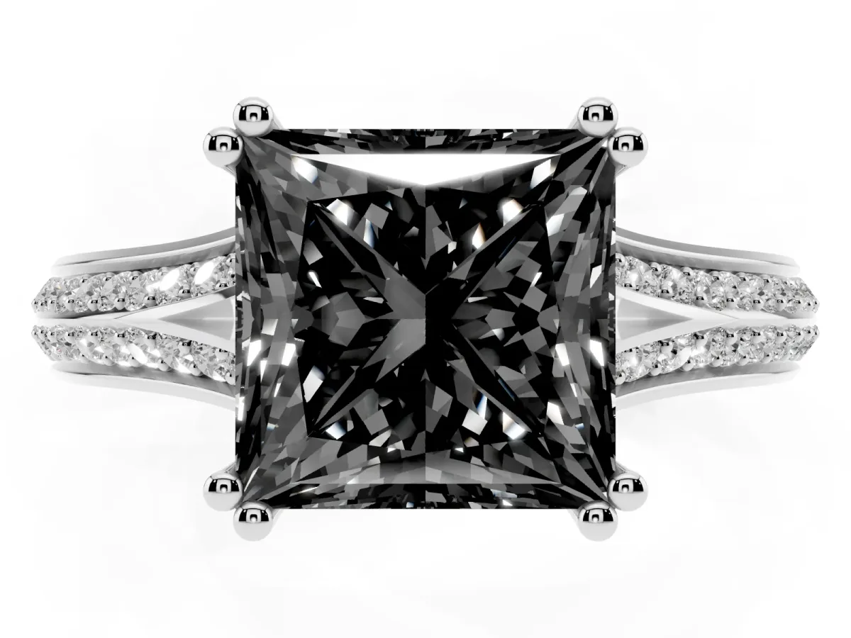 Fancy Black Princess Cut Diamond Split Shank Engagement Ring with Pavé Band Silver