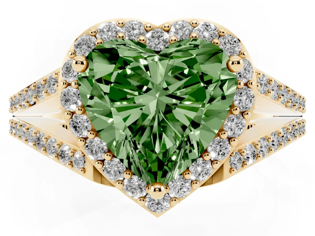 Fancy Green Heart Cut Halo Split Shank Pave Diamond Ring with Four-Prong Setting Yellow gold