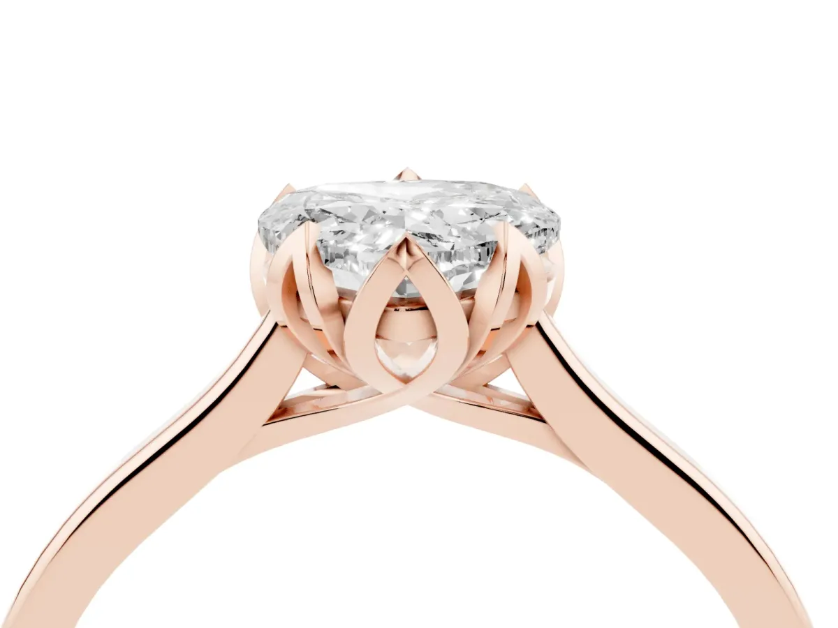 Heart Cut Diamond Solitaire Ring with Flower Prong Setting and Classic Band Rose gold