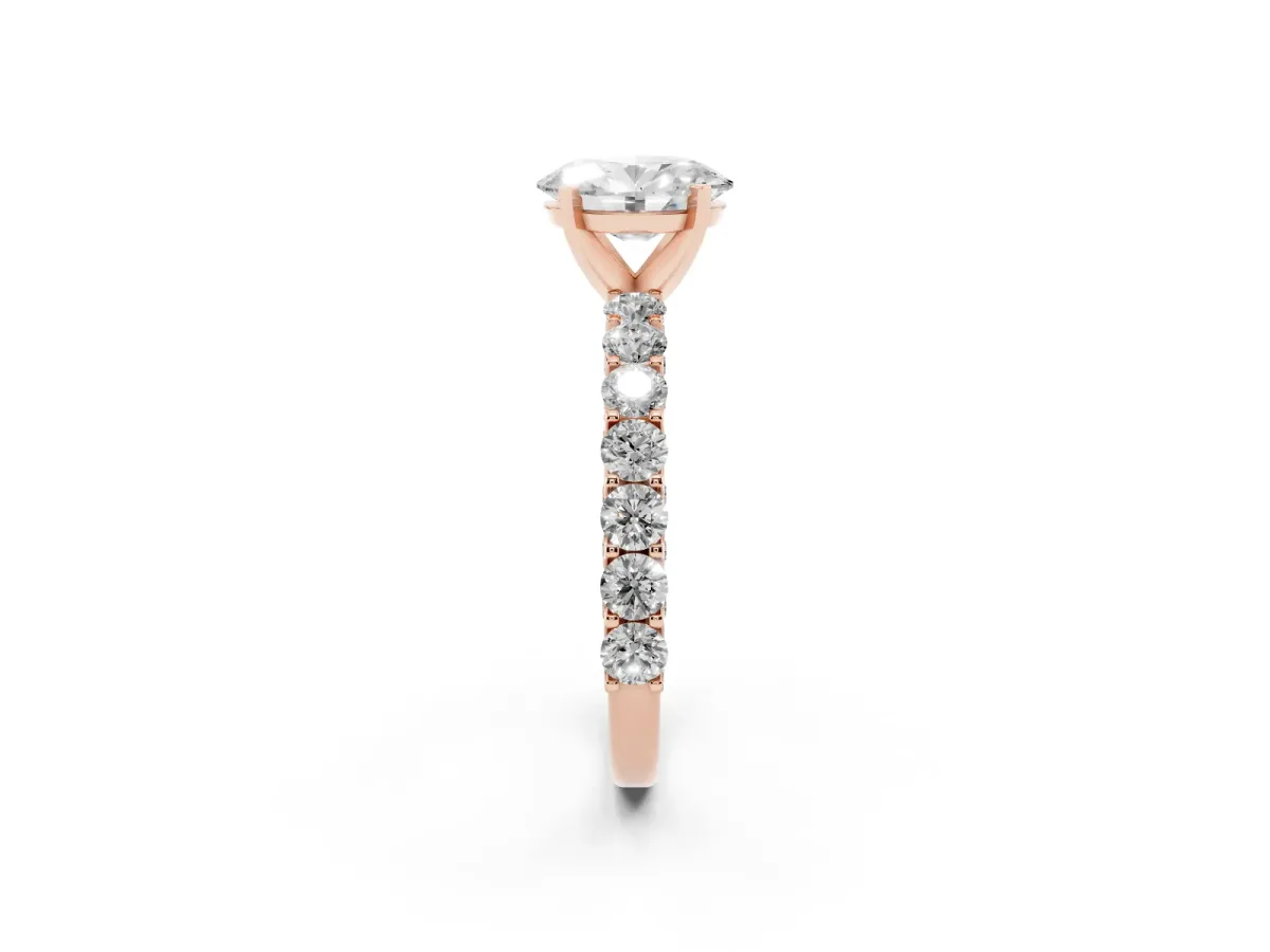 Oval Cut Diamond Solitaire Ring with Shared Prong Pavé Band and Four-Prong Setting Rose gold