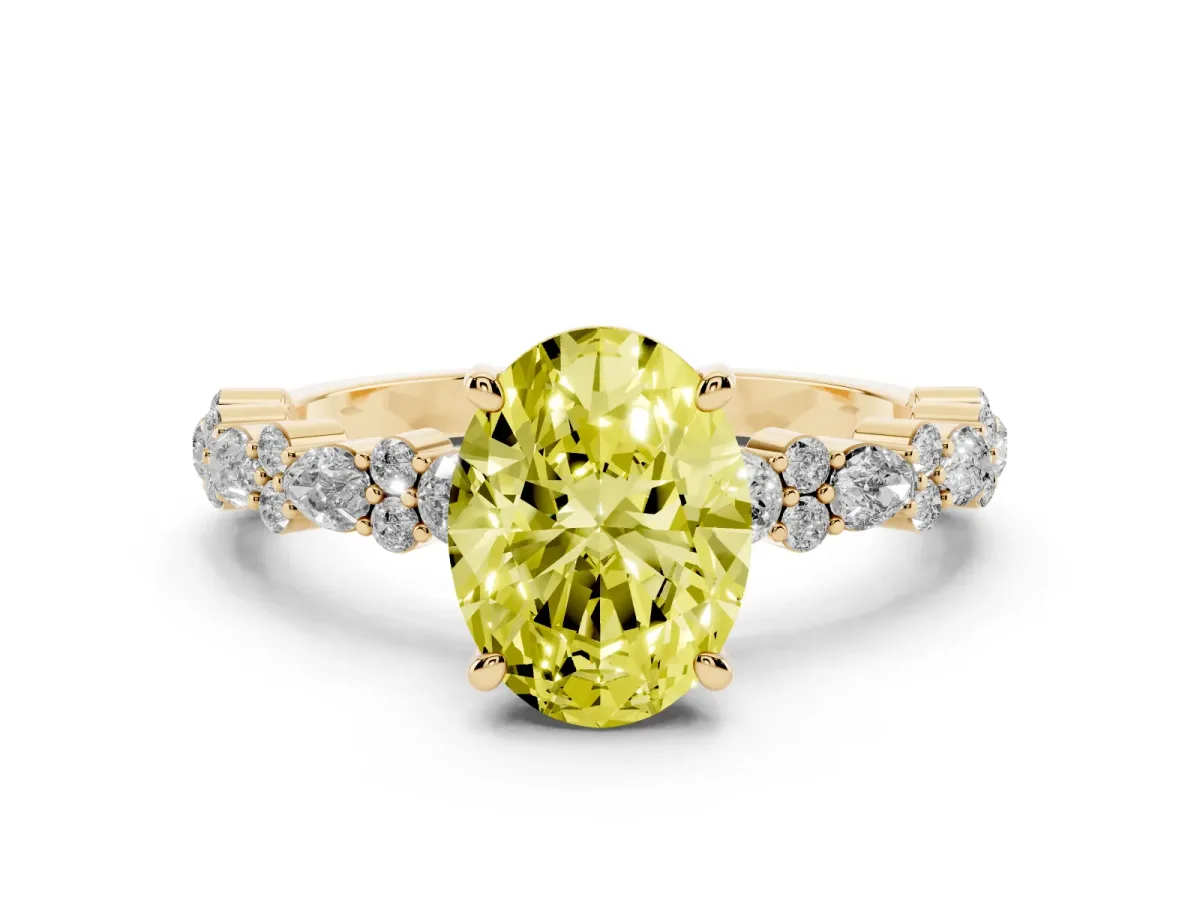 Fancy Yellow Oval Cut Diamond Side Stone Solitaire Ring with Round and Four-Prong Setting Yellow gold